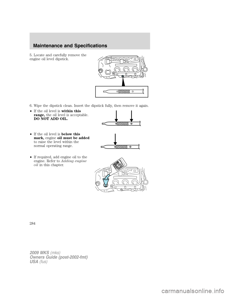 LINCOLN MKS 2009 Owners Manual 5. Locate and carefully remove the
engine oil level dipstick.
6. Wipe the dipstick clean. Insert the dipstick fully, then remove it again.
•If the oil level iswithin this
range,the oil level is acce LINCOLN MKS 2009 Owners Manual 5. Locate and carefully remove the
engine oil level dipstick.
6. Wipe the dipstick clean. Insert the dipstick fully, then remove it again.
•If the oil level iswithin this
range,the oil level is acce