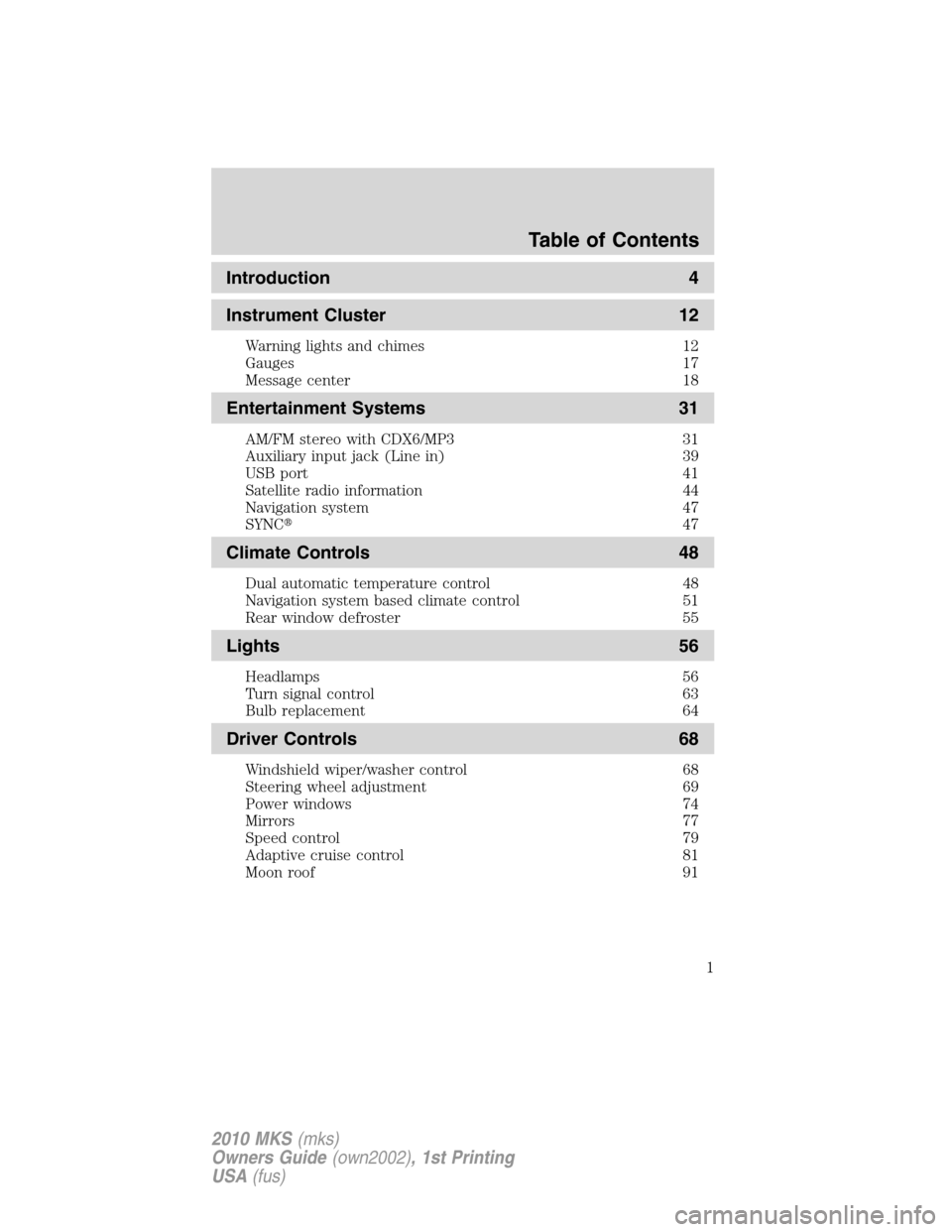 LINCOLN MKS 2010  Owners Manual 