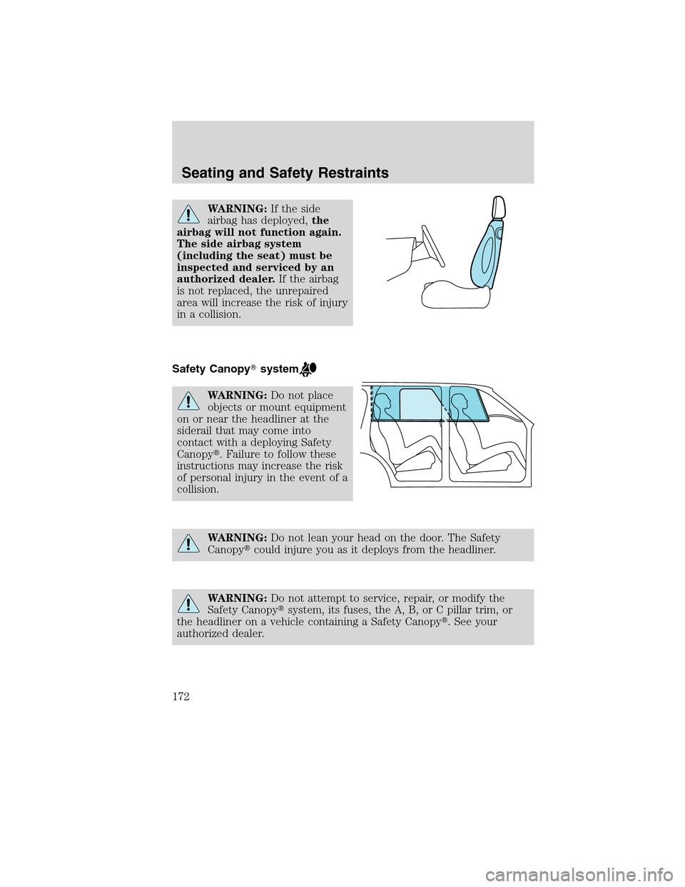 LINCOLN MKS 2010  Owners Manual WARNING:If the side
airbag has deployed,the
airbag will not function again.
The side airbag system
(including the seat) must be
inspected and serviced by an
authorized dealer.If the airbag
is not repl