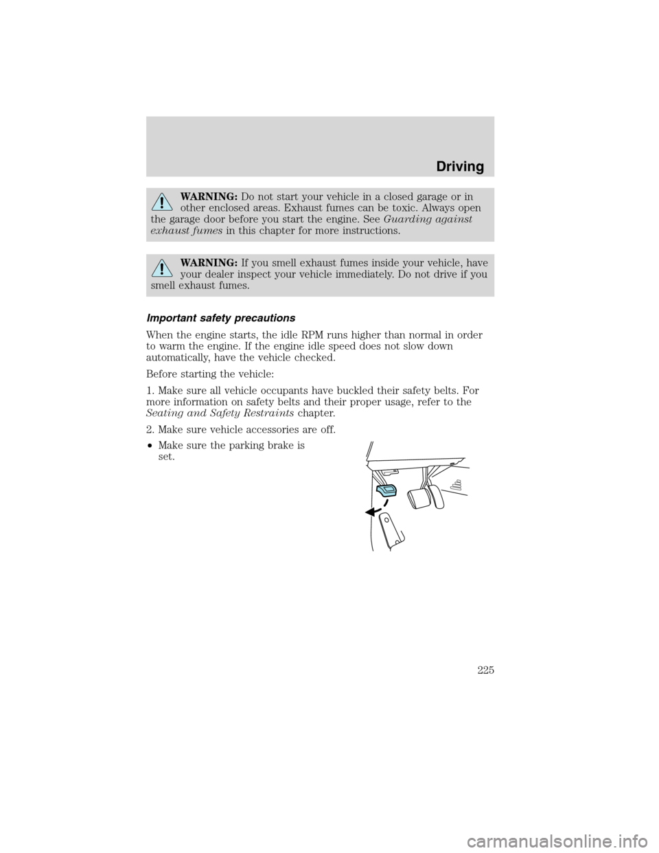 LINCOLN MKS 2010 Service Manual WARNING:Do not start your vehicle in a closed garage or in
other enclosed areas. Exhaust fumes can be toxic. Always open
the garage door before you start the engine. SeeGuarding against
exhaust fumesi