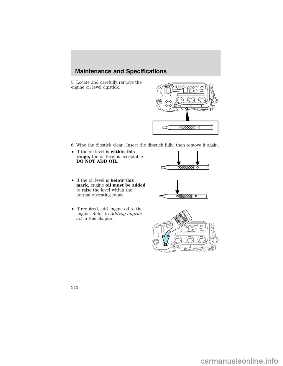 LINCOLN MKS 2010  Owners Manual 5. Locate and carefully remove the
engine oil level dipstick.
6. Wipe the dipstick clean. Insert the dipstick fully, then remove it again.
•If the oil level iswithin this
range,the oil level is acce