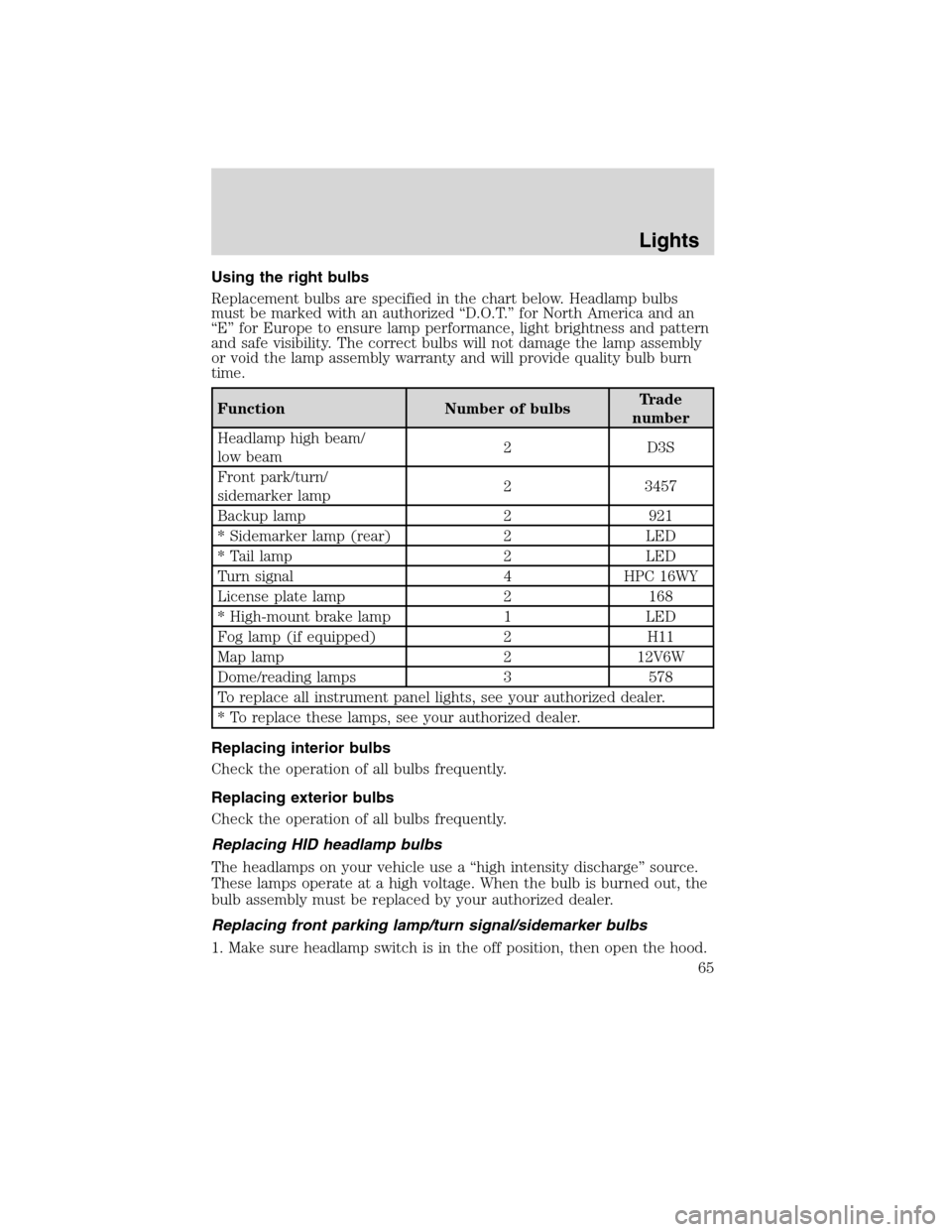 LINCOLN MKS 2010 Repair Manual Using the right bulbs
Replacement bulbs are specified in the chart below. Headlamp bulbs
must be marked with an authorized “D.O.T.” for North America and an
“E” for Europe to ensure lamp perfo LINCOLN MKS 2010 Repair Manual Using the right bulbs
Replacement bulbs are specified in the chart below. Headlamp bulbs
must be marked with an authorized “D.O.T.” for North America and an
“E” for Europe to ensure lamp perfo