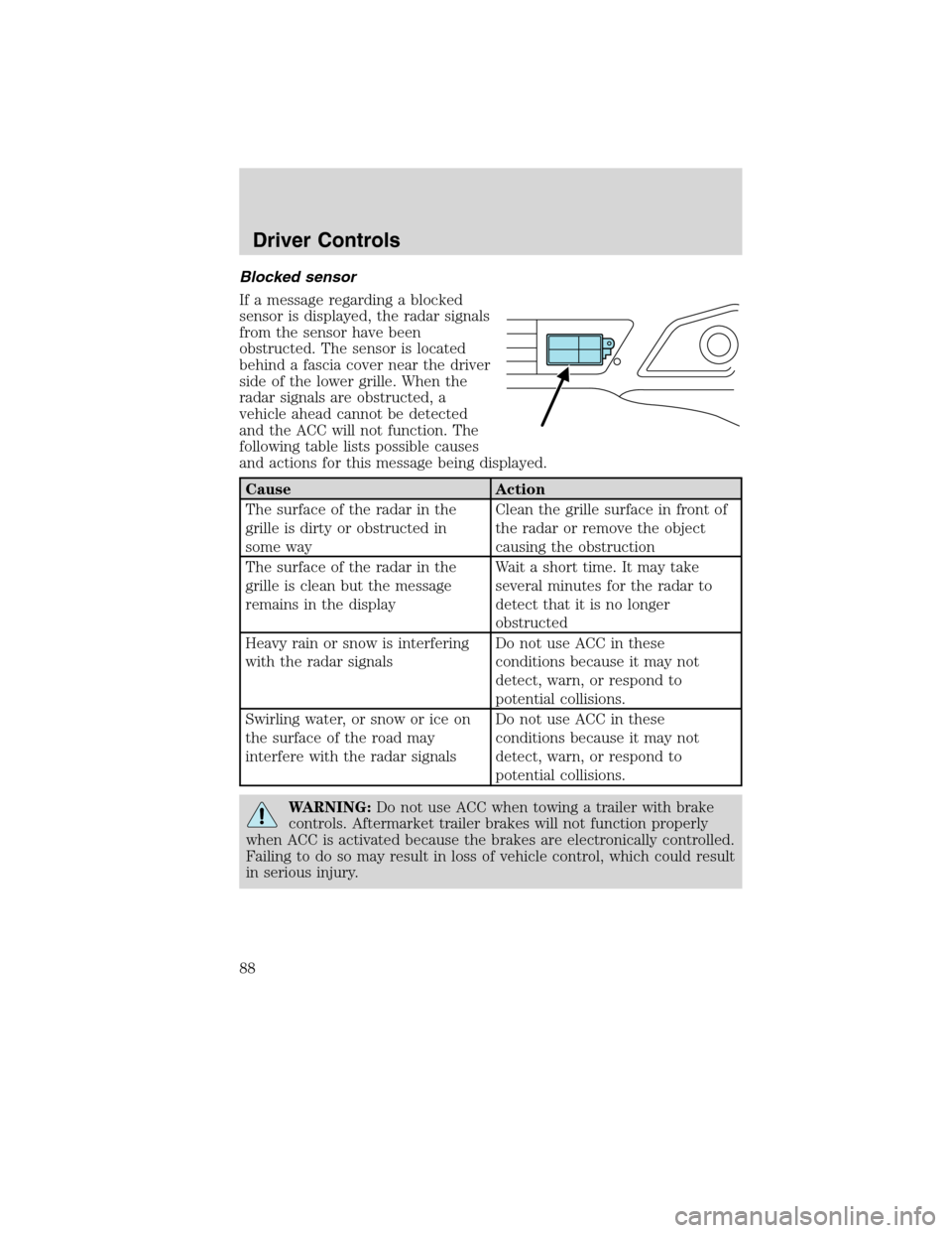 LINCOLN MKS 2010 Owners Manual Blocked sensor
If a message regarding a blocked
sensor is displayed, the radar signals
from the sensor have been
obstructed. The sensor is located
behind a fascia cover near the driver
side of the low LINCOLN MKS 2010 Owners Manual Blocked sensor
If a message regarding a blocked
sensor is displayed, the radar signals
from the sensor have been
obstructed. The sensor is located
behind a fascia cover near the driver
side of the low