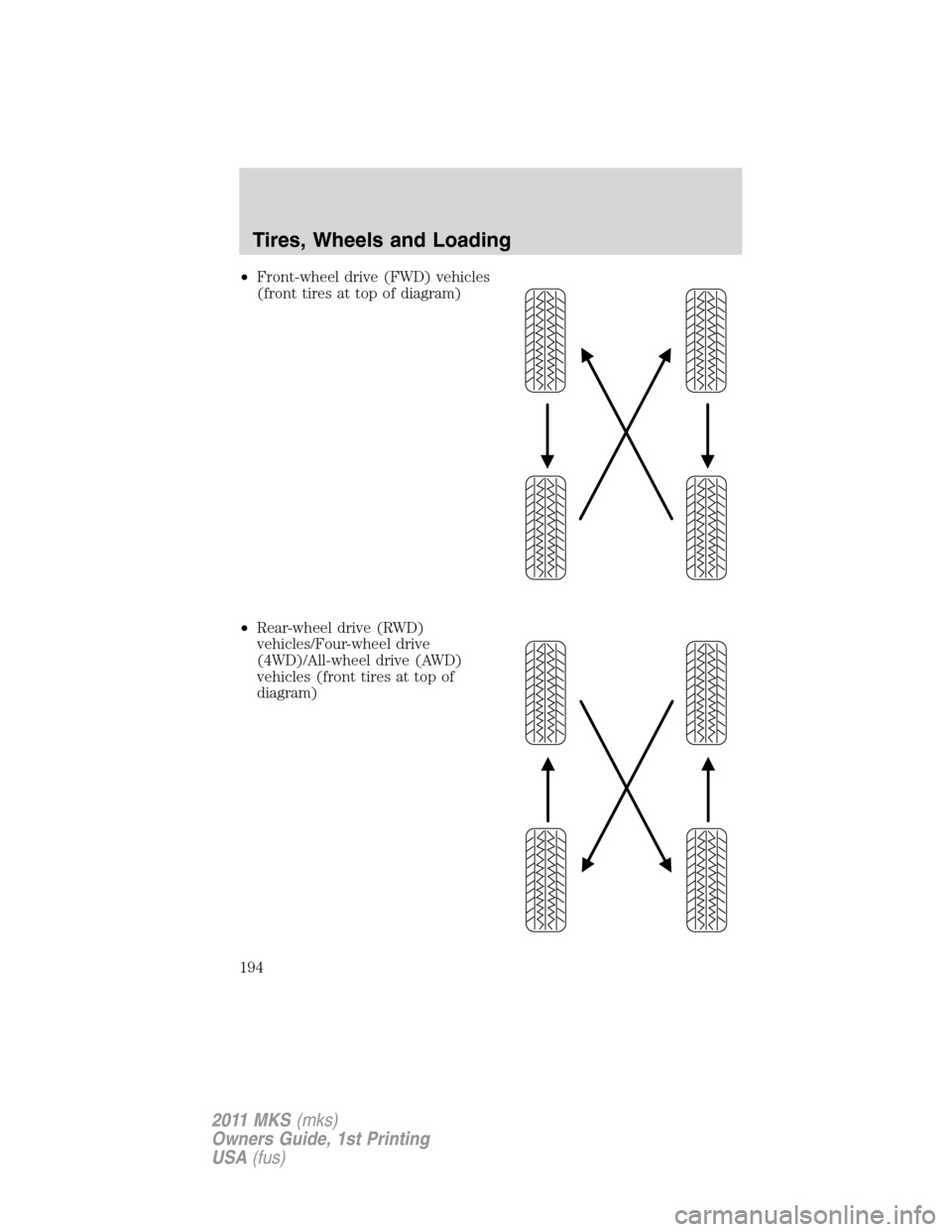 LINCOLN MKS 2011  Owners Manual •Front-wheel drive (FWD) vehicles
(front tires at top of diagram)
•Rear-wheel drive (RWD)
vehicles/Four-wheel drive
(4WD)/All-wheel drive (AWD)
vehicles (front tires at top of
diagram)
Tires, Whee