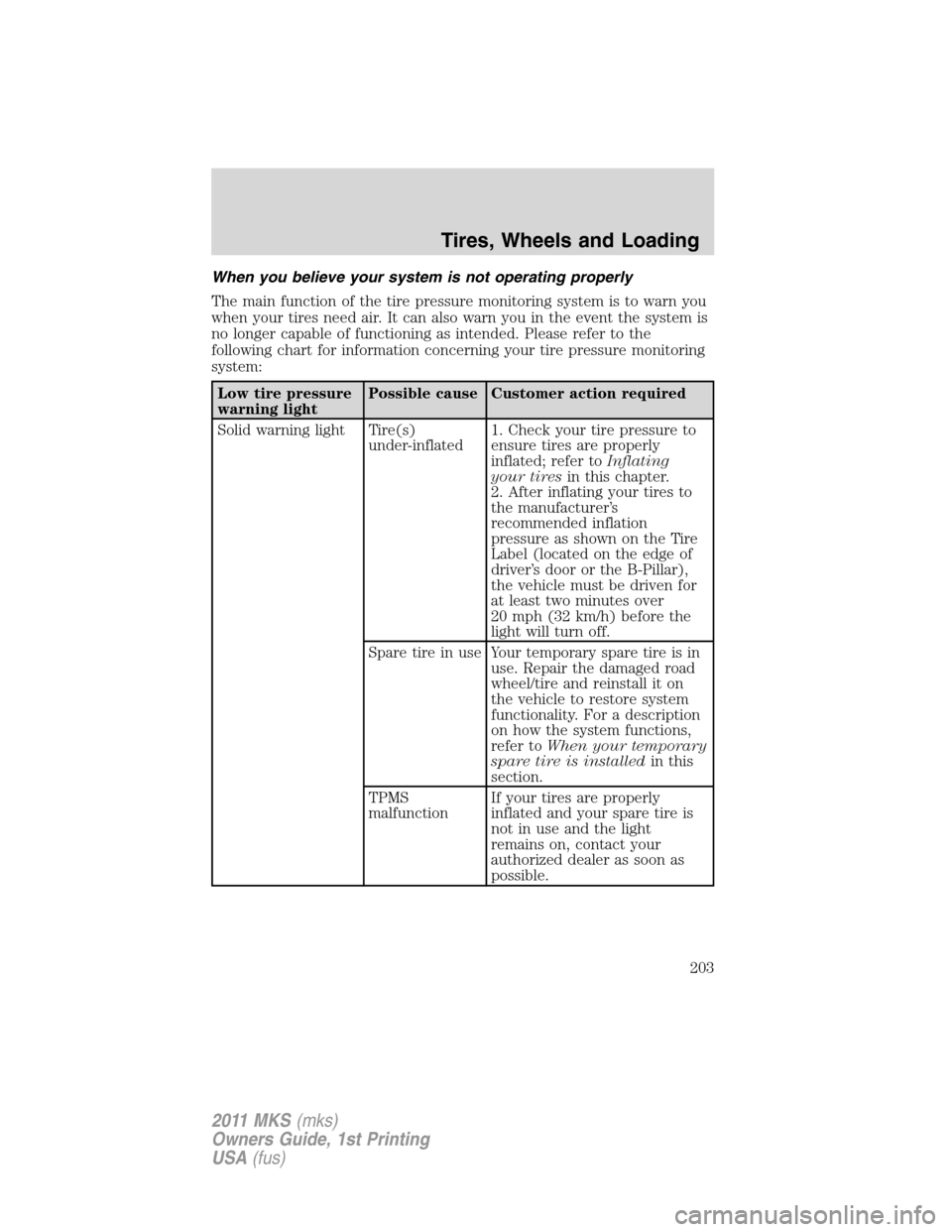 LINCOLN MKS 2011  Owners Manual When you believe your system is not operating properly
The main function of the tire pressure monitoring system is to warn you
when your tires need air. It can also warn you in the event the system is