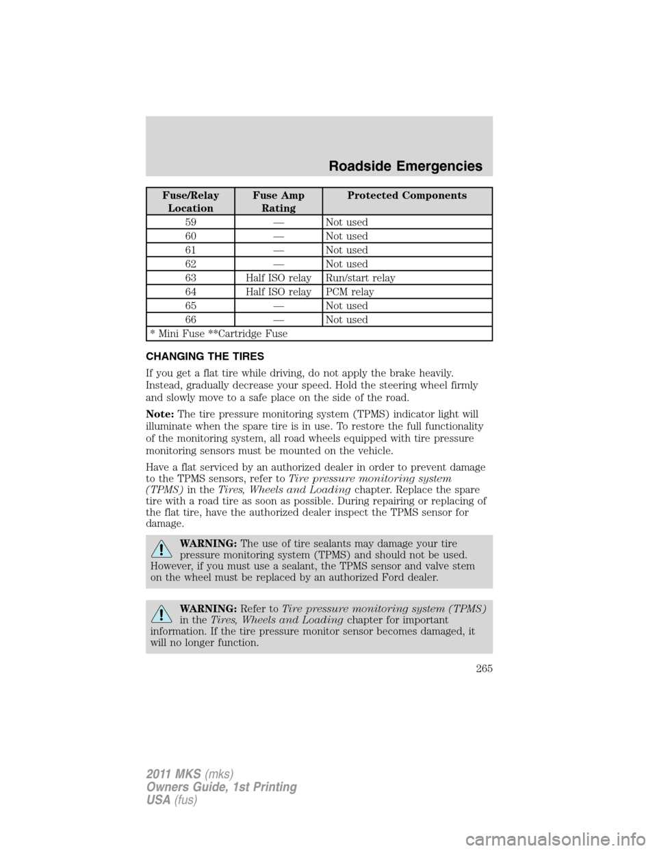 LINCOLN MKS 2011  Owners Manual Fuse/Relay
LocationFuse Amp
RatingProtected Components
59 — Not used
60 — Not used
61 — Not used
62 — Not used
63 Half ISO relay Run/start relay
64 Half ISO relay PCM relay
65 — Not used
66 