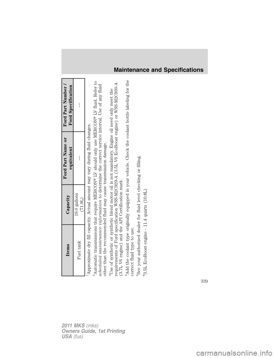 LINCOLN MKS 2011 Owners Manual Items CapacityFord Part Name or
equivalentFord Part Number /
Ford Specification
Fuel tank19.0 gallons
(71.9L)——
1Approximate dry fill capacity. Actual amount may vary during fluid changes.2Automat LINCOLN MKS 2011 Owners Manual Items CapacityFord Part Name or
equivalentFord Part Number /
Ford Specification
Fuel tank19.0 gallons
(71.9L)——
1Approximate dry fill capacity. Actual amount may vary during fluid changes.2Automat
