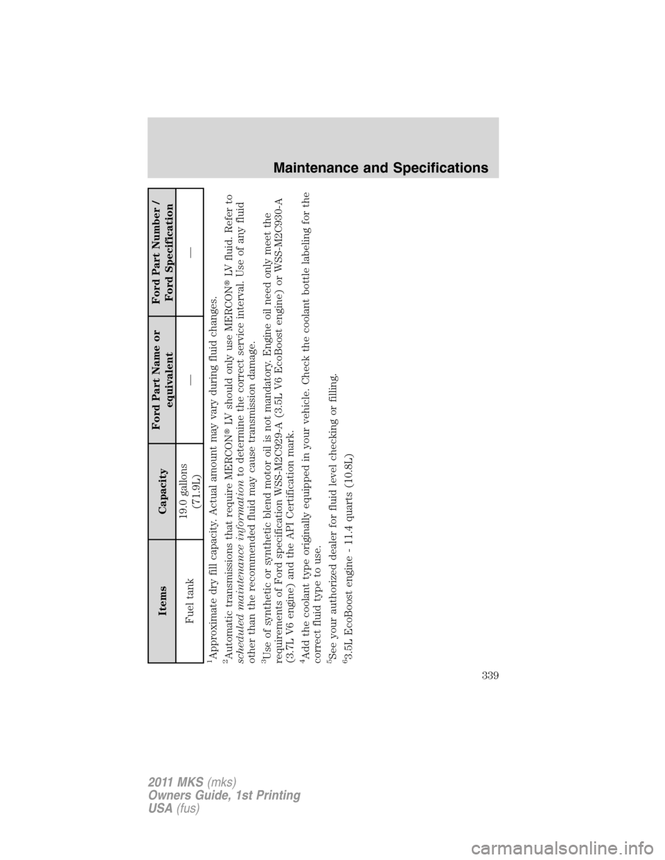 LINCOLN MKS 2011 Owners Manual Items CapacityFord Part Name or
equivalentFord Part Number /
Ford Specification
Fuel tank19.0 gallons
(71.9L)——
1Approximate dry fill capacity. Actual amount may vary during fluid changes.2Automat