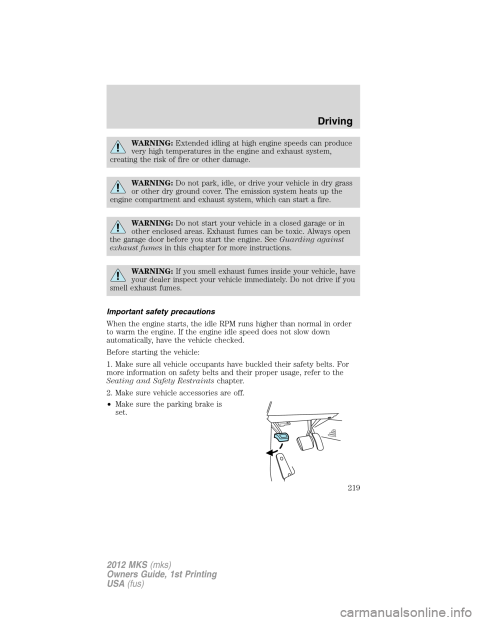 LINCOLN MKS 2012  Owners Manual WARNING:Extended idling at high engine speeds can produce
very high temperatures in the engine and exhaust system,
creating the risk of fire or other damage.
WARNING:Do not park, idle, or drive your v