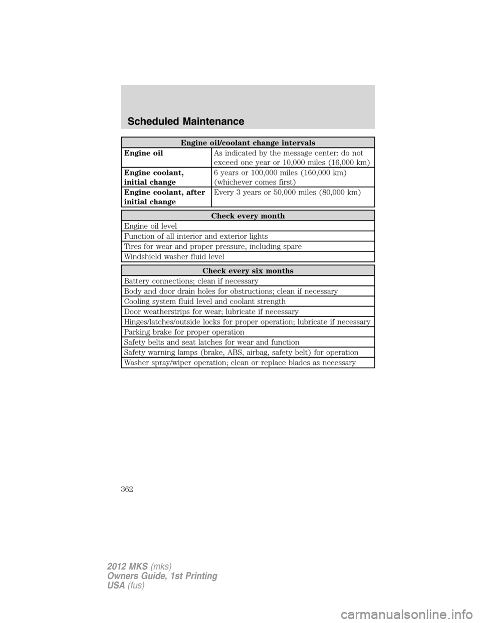 LINCOLN MKS 2012 Owners Guide Engine oil/coolant change intervals
Engine oilAs indicated by the message center: do not
exceed one year or 10,000 miles (16,000 km)
Engine coolant,
initial change6 years or 100,000 miles (160,000 km)