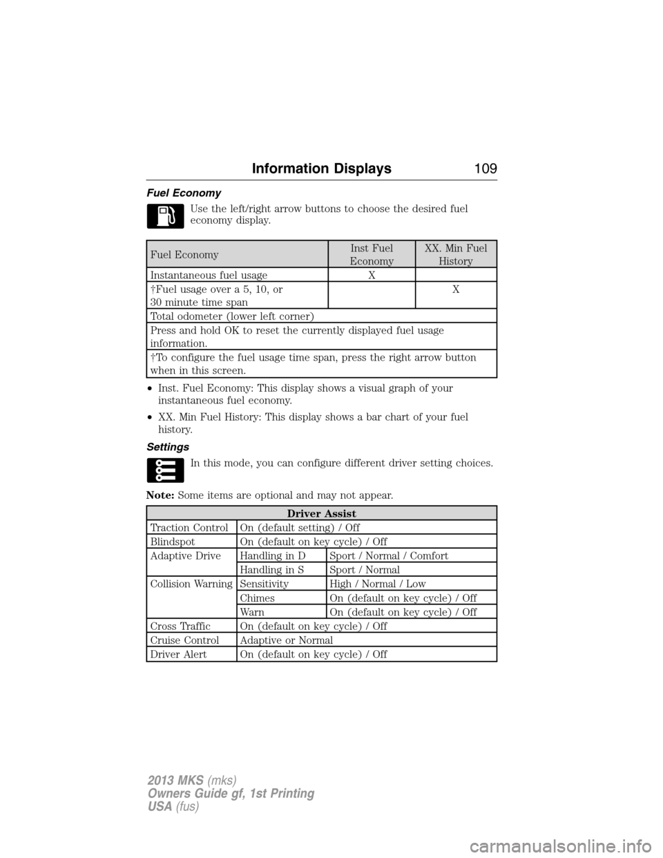 LINCOLN MKS 2013  Owners Manual Fuel Economy
Use the left/right arrow buttons to choose the desired fuel
economy display.
Fuel EconomyInst Fuel
EconomyXX. Min Fuel
History
Instantaneous fuel usage X
†Fuel usage over a 5, 10, or
30