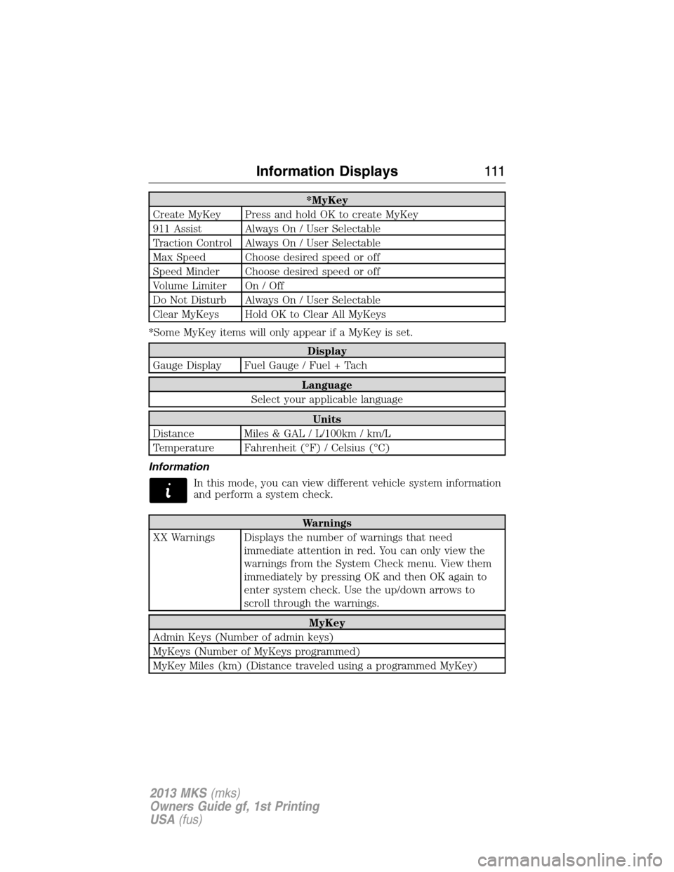 LINCOLN MKS 2013  Owners Manual *MyKey
Create MyKey Press and hold OK to create MyKey
911 Assist Always On / User Selectable
Traction Control Always On / User Selectable
Max Speed Choose desired speed or off
Speed Minder Choose desi