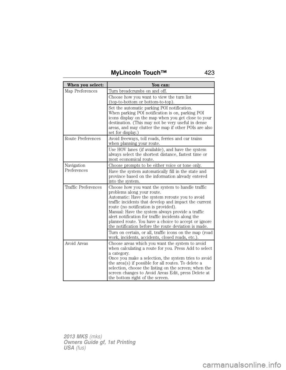 LINCOLN MKS 2013  Owners Manual When you select: You can:
Map Preferences Turn breadcrumbs on and off.
Choose how you want to view the turn list
(top-to-bottom or bottom-to-top).
Set the automatic parking POI notification.
When park
