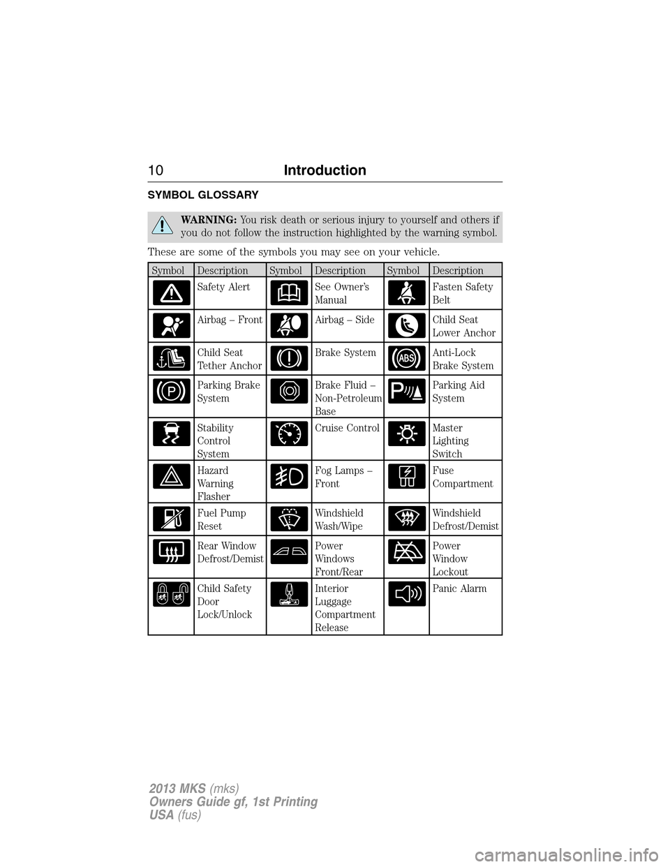 LINCOLN MKS 2013  Owners Manual SYMBOL GLOSSARY
WARNING:You risk death or serious injury to yourself and others if
you do not follow the instruction highlighted by the warning symbol.
These are some of the symbols you may see on you