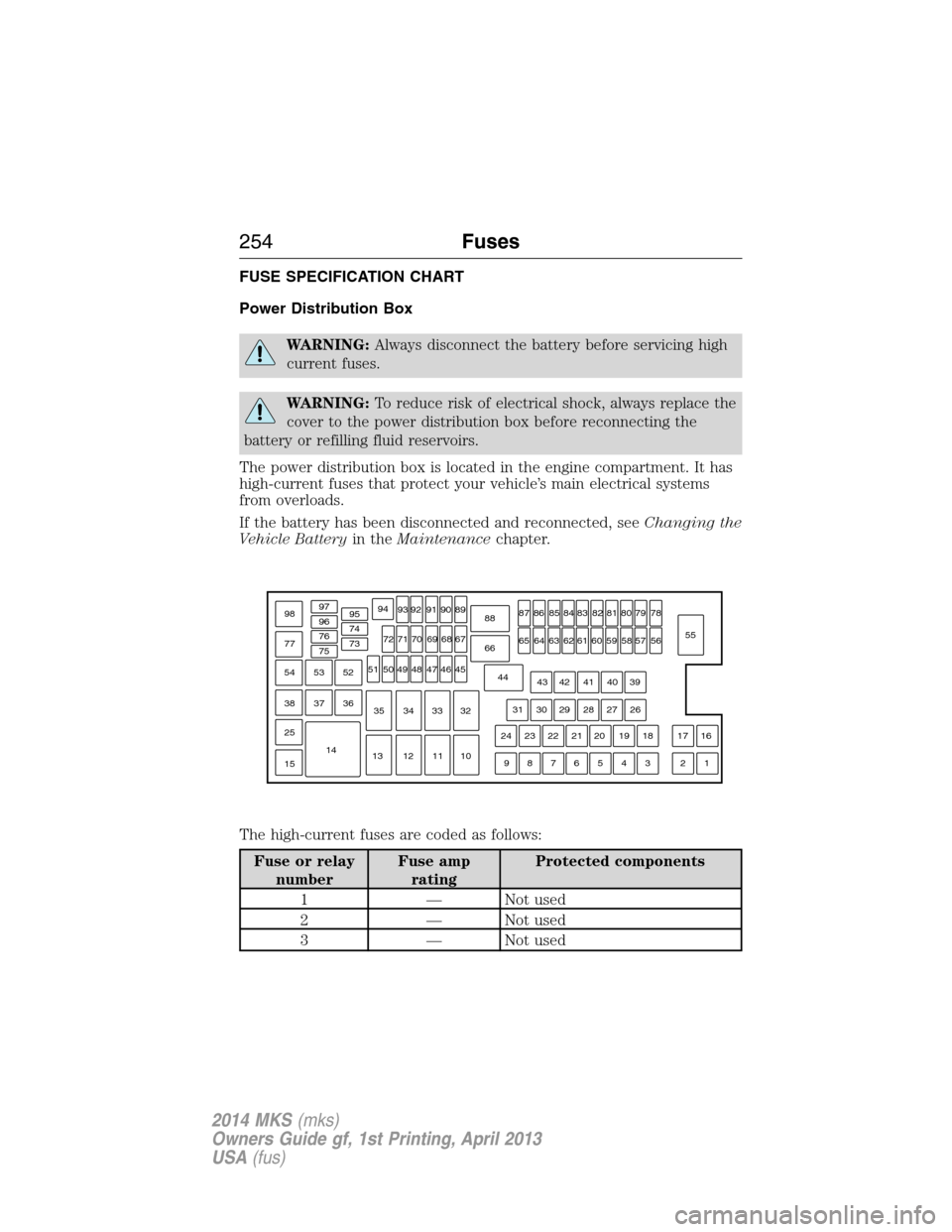 LINCOLN MKS 2014  Owners Manual FUSE SPECIFICATION CHART
Power Distribution Box
WARNING:Always disconnect the battery before servicing high
current fuses.
WARNING:To reduce risk of electrical shock, always replace the
cover to the p