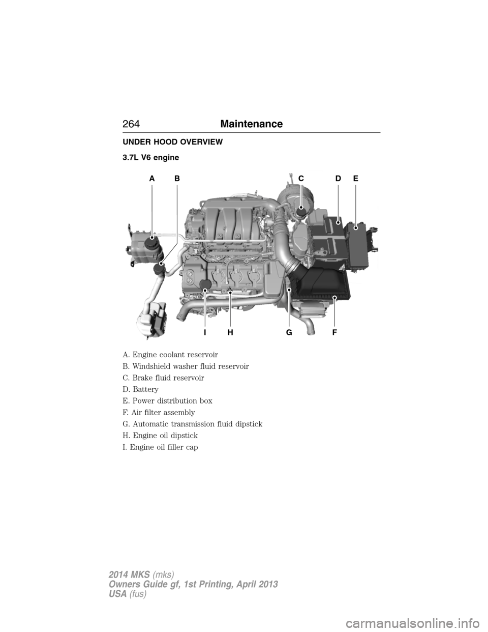 LINCOLN MKS 2014 Owners Manual UNDER HOOD OVERVIEW
3.7L V6 engine
A. Engine coolant reservoir
B. Windshield washer fluid reservoir
C. Brake fluid reservoir
D. Battery
E. Power distribution box
F. Air filter assembly
G. Automatic tr LINCOLN MKS 2014 Owners Manual UNDER HOOD OVERVIEW
3.7L V6 engine
A. Engine coolant reservoir
B. Windshield washer fluid reservoir
C. Brake fluid reservoir
D. Battery
E. Power distribution box
F. Air filter assembly
G. Automatic tr