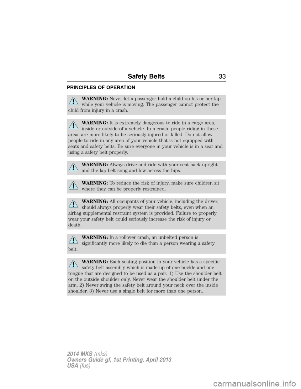 LINCOLN MKS 2014  Owners Manual PRINCIPLES OF OPERATION
WARNING:Never let a passenger hold a child on his or her lap
while your vehicle is moving. The passenger cannot protect the
child from injury in a crash.
WARNING:It is extremel