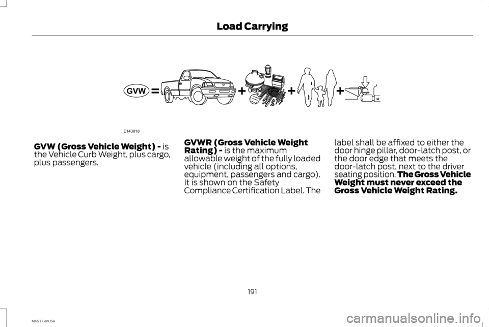 LINCOLN MKS 2015 Owners Manual GVW (Gross Vehicle Weight) - is
the Vehicle Curb Weight, plus cargo,
plus passengers. GVWR (Gross Vehicle Weight
Rating) - is the maximum
allowable weight of the fully loaded
vehicle (including all op LINCOLN MKS 2015 Owners Manual GVW (Gross Vehicle Weight) - is
the Vehicle Curb Weight, plus cargo,
plus passengers. GVWR (Gross Vehicle Weight
Rating) - is the maximum
allowable weight of the fully loaded
vehicle (including all op
