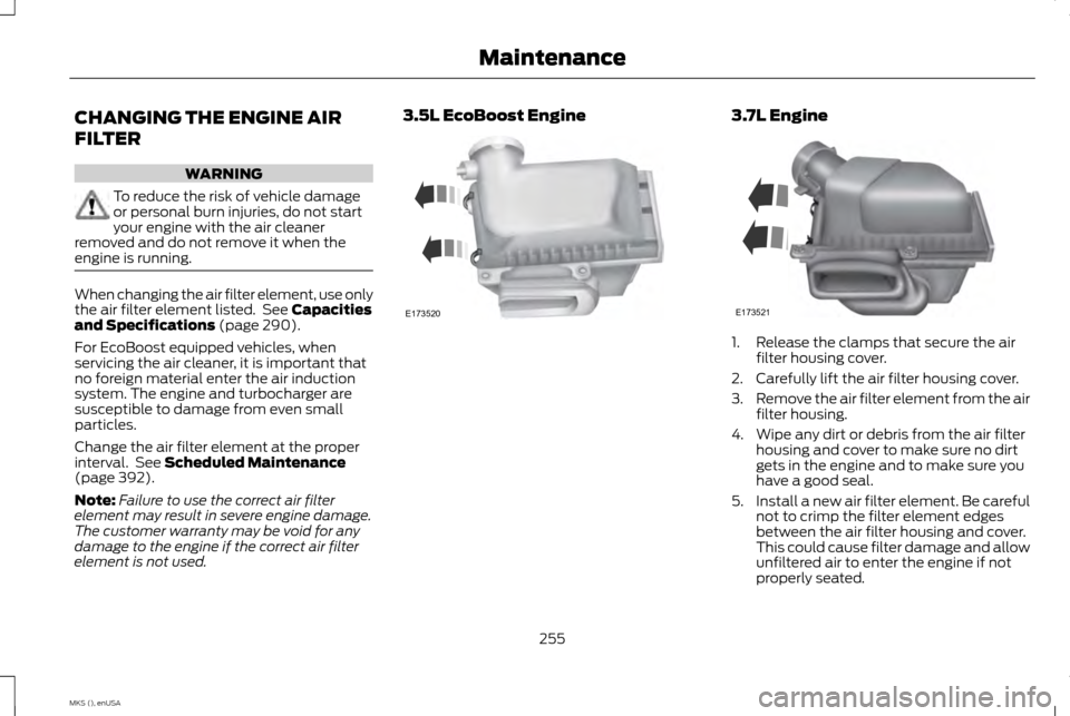 LINCOLN MKS 2015 Owners Manual CHANGING THE ENGINE AIR
FILTER
WARNING
To reduce the risk of vehicle damage
or personal burn injuries, do not start
your engine with the air cleaner
removed and do not remove it when the
engine is run LINCOLN MKS 2015 Owners Manual CHANGING THE ENGINE AIR
FILTER
WARNING
To reduce the risk of vehicle damage
or personal burn injuries, do not start
your engine with the air cleaner
removed and do not remove it when the
engine is run