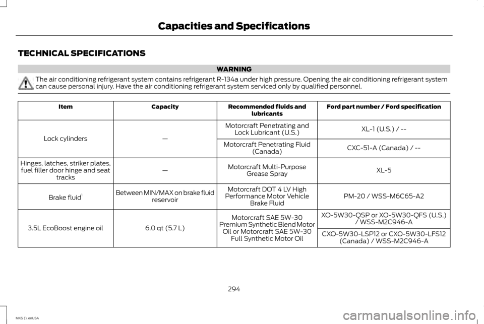 LINCOLN MKS 2015 Owners Manual TECHNICAL SPECIFICATIONS
WARNING
The air conditioning refrigerant system contains refrigerant R-134a under high pressure. Opening the air conditioning refrigerant system
can cause personal injury. Hav LINCOLN MKS 2015 Owners Manual TECHNICAL SPECIFICATIONS
WARNING
The air conditioning refrigerant system contains refrigerant R-134a under high pressure. Opening the air conditioning refrigerant system
can cause personal injury. Hav