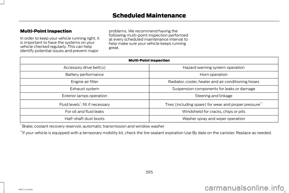 LINCOLN MKS 2015 Owners Manual Multi-Point Inspection
In order to keep your vehicle running right, it
is important to have the systems on your
vehicle checked regularly. This can help
identify potential issues and prevent major
pro LINCOLN MKS 2015 Owners Manual Multi-Point Inspection
In order to keep your vehicle running right, it
is important to have the systems on your
vehicle checked regularly. This can help
identify potential issues and prevent major
pro