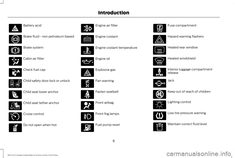 LINCOLN MKS 2016 User Guide Battery acid
Brake fluid - non petroleum based
Brake system
Cabin air filter
Check fuel cap
Child safety door lock or unlock
Child seat lower anchor
Child seat tether anchor
Cruise control
Do not open