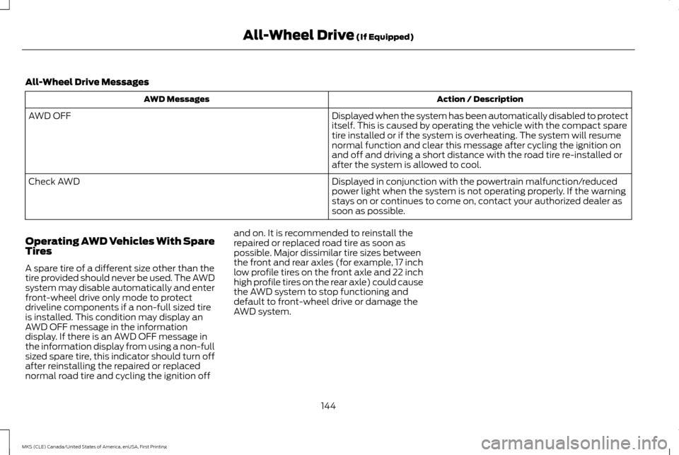 LINCOLN MKS 2016  Owners Manual All-Wheel Drive Messages
Action / Description
AWD Messages
Displayed when the system has been automatically disabled to protect
itself. This is caused by operating the vehicle with the compact spare
t