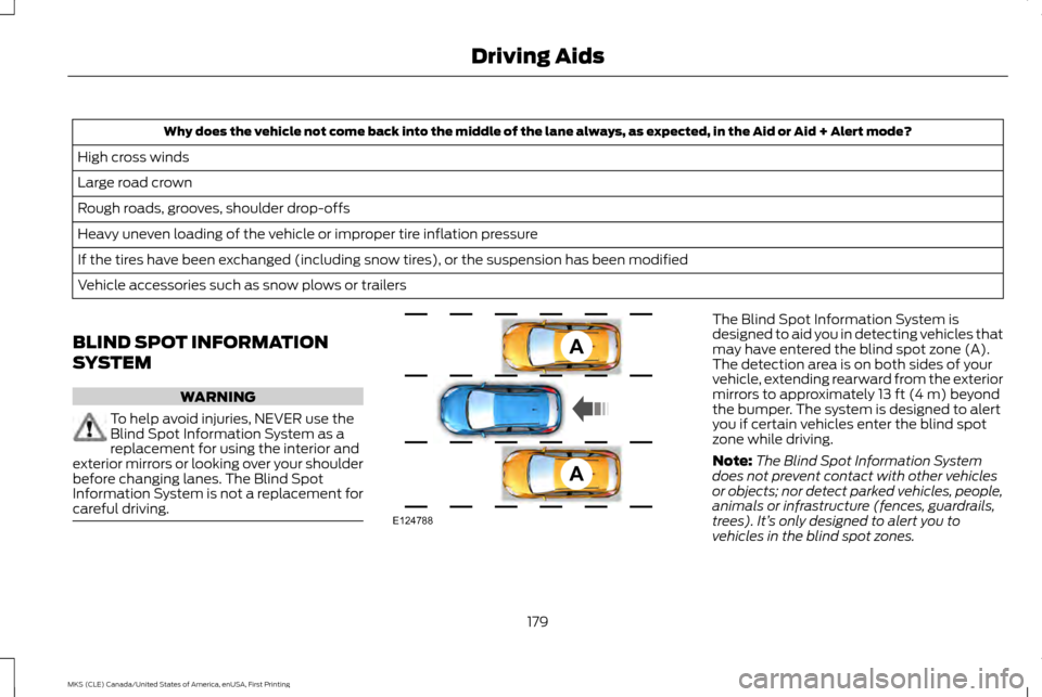 LINCOLN MKS 2016  Owners Manual Why does the vehicle not come back into the middle of the lane always, as expected, in the Aid or Aid + Alert mode?
High cross winds
Large road crown
Rough roads, grooves, shoulder drop-offs
Heavy une