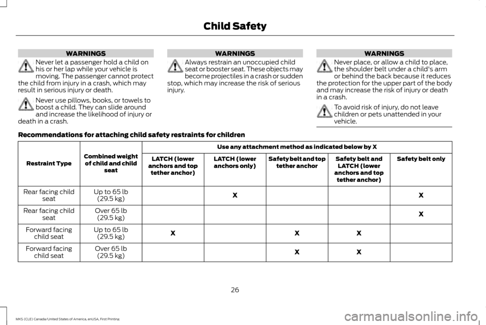 LINCOLN MKS 2016 Owners Manual WARNINGS
Never let a passenger hold a child on
his or her lap while your vehicle is
moving. The passenger cannot protect
the child from injury in a crash, which may
result in serious injury or death. 