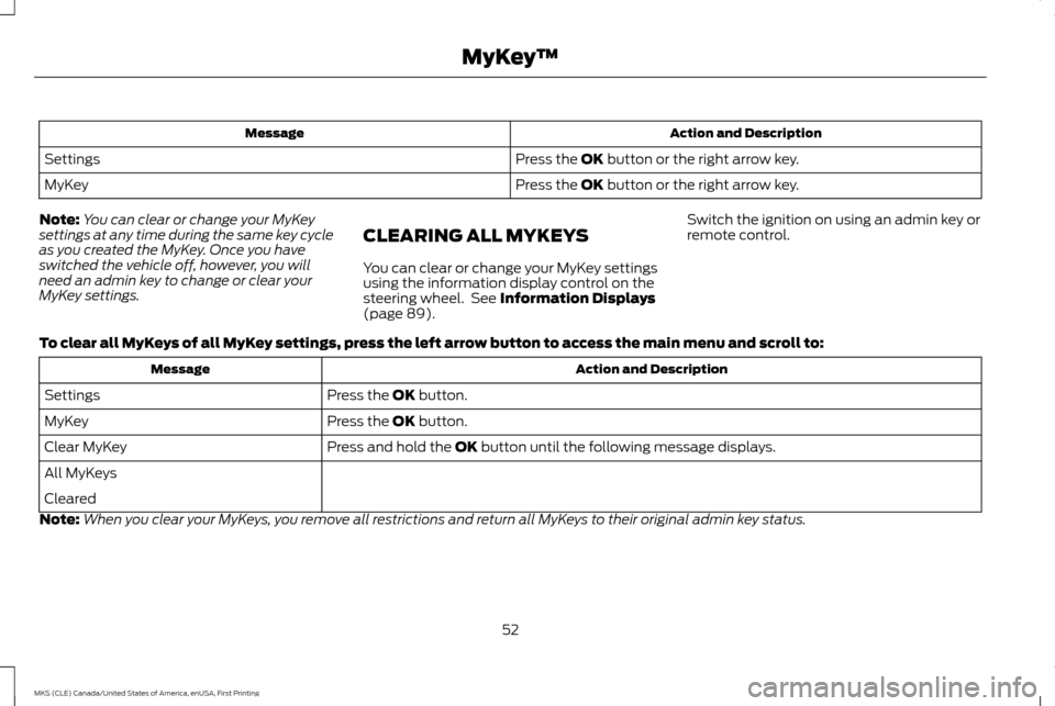 LINCOLN MKS 2016  Owners Manual Action and Description
Message
Press the OK button or the right arrow key.
Settings
Press the 
OK button or the right arrow key.
MyKey
Note: You can clear or change your MyKey
settings at any time dur