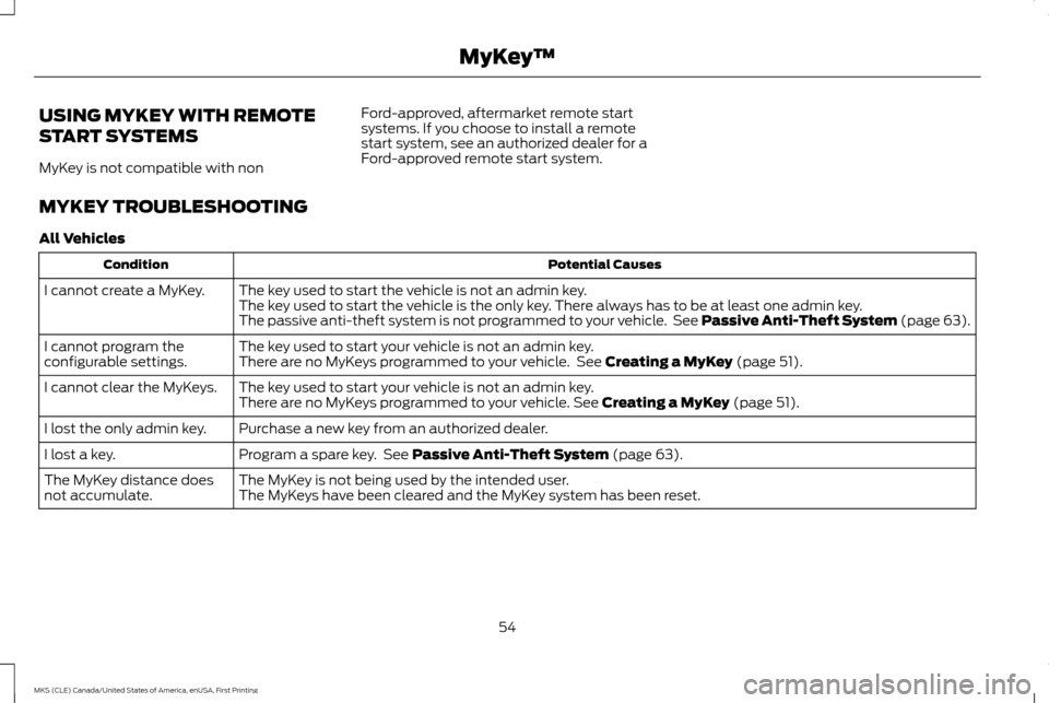 LINCOLN MKS 2016  Owners Manual USING MYKEY WITH REMOTE
START SYSTEMS
MyKey is not compatible with non
Ford-approved, aftermarket remote start
systems. If you choose to install a remote
start system, see an authorized dealer for a
F