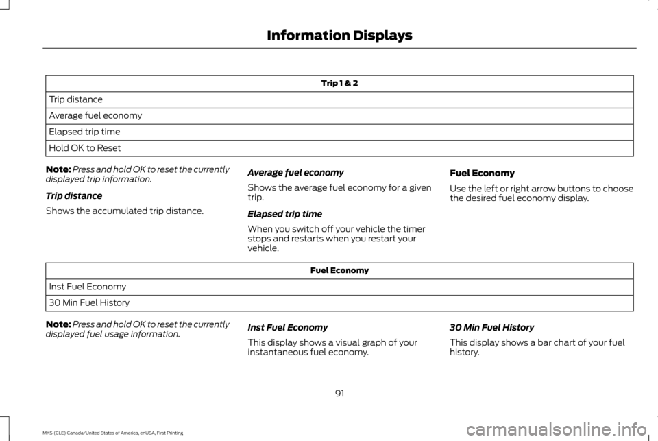 LINCOLN MKS 2016  Owners Manual Trip 1 & 2
Trip distance
Average fuel economy
Elapsed trip time
Hold OK to Reset
Note: Press and hold OK to reset the currently
displayed trip information.
Trip distance
Shows the accumulated trip dis