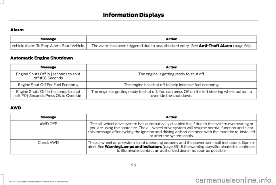 LINCOLN MKS 2016  Owners Manual Alarm
Action
Message
The alarm has been triggered due to unauthorized entry.  See Anti-Theft Alarm (page 64).
Vehicle Alarm To Stop Alarm, Start Vehicle.
Automatic Engine Shutdown Action
Message
The e