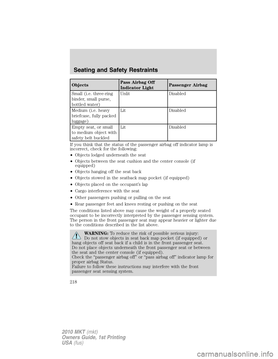 LINCOLN MKT 2010  Owners Manual ObjectsPass Airbag Off
Indicator LightPassenger Airbag
Small (i.e. three-ring
binder, small purse,
bottled water)Unlit Disabled
Medium (i.e. heavy
briefcase, fully packed
luggage)Lit Disabled
Empty se