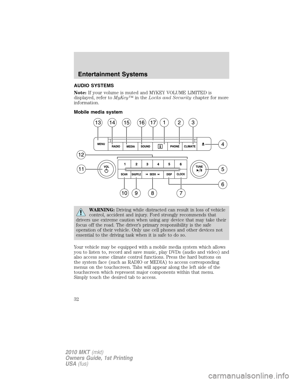 LINCOLN MKT 2010 Owners Guide AUDIO SYSTEMS
Note:If your volume is muted and MYKEY VOLUME LIMITED is
displayed, refer toMyKey™in theLocks and Securitychapter for more
information.
Mobile media system
WARNING:Driving while distra