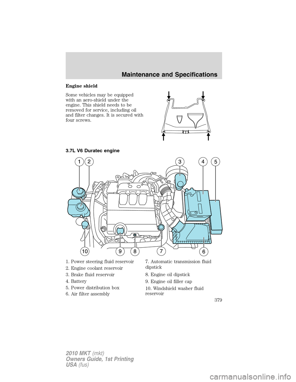 LINCOLN MKT 2010  Owners Manual Engine shield
Some vehicles may be equipped
with an aero-shield under the
engine. This shield needs to be
removed for service, including oil
and filter changes. It is secured with
four screws.
3.7L V6