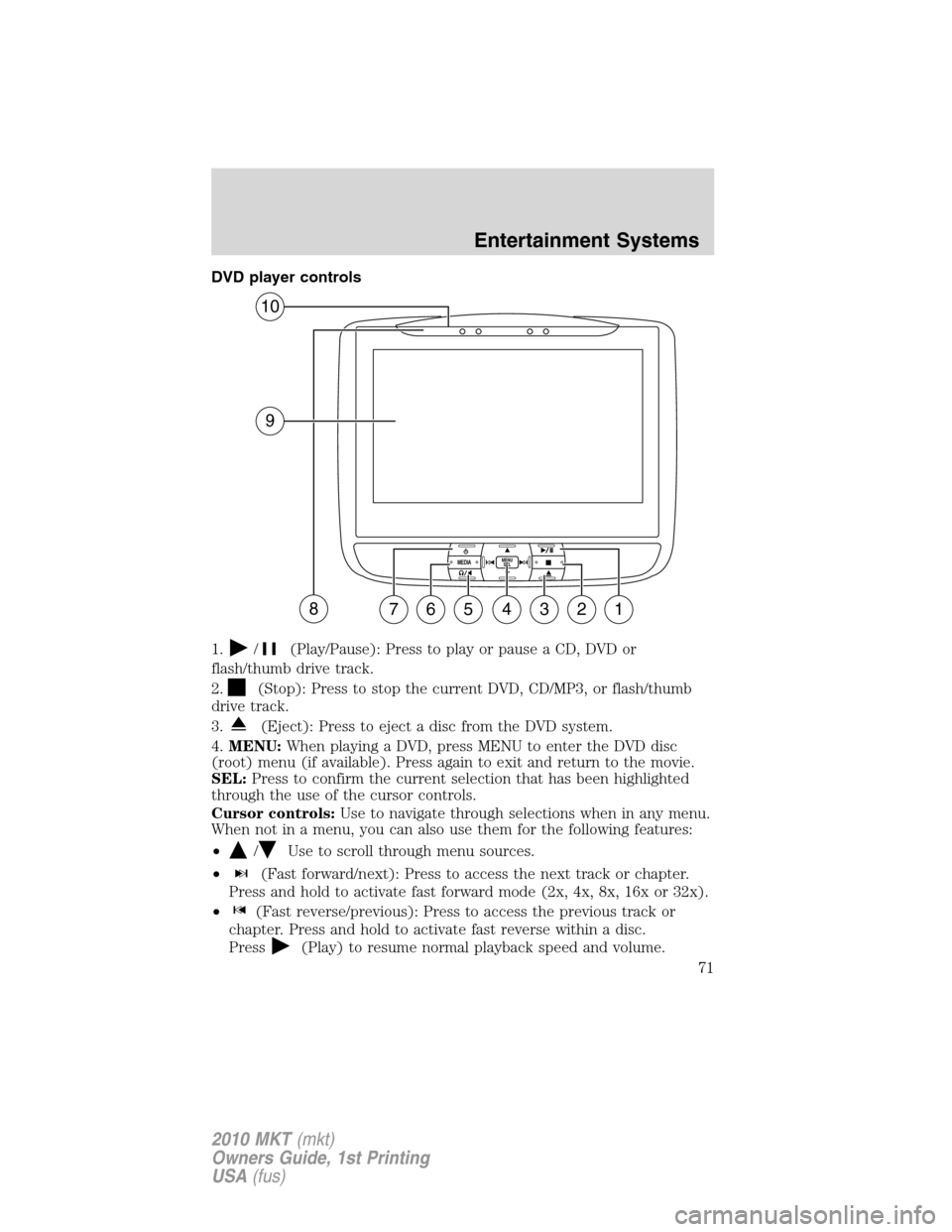 LINCOLN MKT 2010 Manual PDF DVD player controls
1.
/(Play/Pause): Press to play or pause a CD, DVD or
flash/thumb drive track.
2.
(Stop): Press to stop the current DVD, CD/MP3, or flash/thumb
drive track.
3.
(Eject): Press to ej LINCOLN MKT 2010 Manual PDF DVD player controls
1.
/(Play/Pause): Press to play or pause a CD, DVD or
flash/thumb drive track.
2.
(Stop): Press to stop the current DVD, CD/MP3, or flash/thumb
drive track.
3.
(Eject): Press to ej