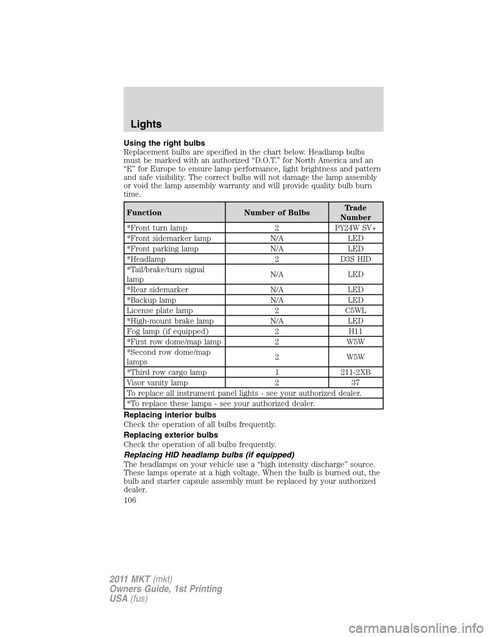 LINCOLN MKT 2011 Owners Manual Using the right bulbs
Replacement bulbs are specified in the chart below. Headlamp bulbs
must be marked with an authorized “D.O.T.” for North America and an
“E” for Europe to ensure lamp perfo LINCOLN MKT 2011 Owners Manual Using the right bulbs
Replacement bulbs are specified in the chart below. Headlamp bulbs
must be marked with an authorized “D.O.T.” for North America and an
“E” for Europe to ensure lamp perfo