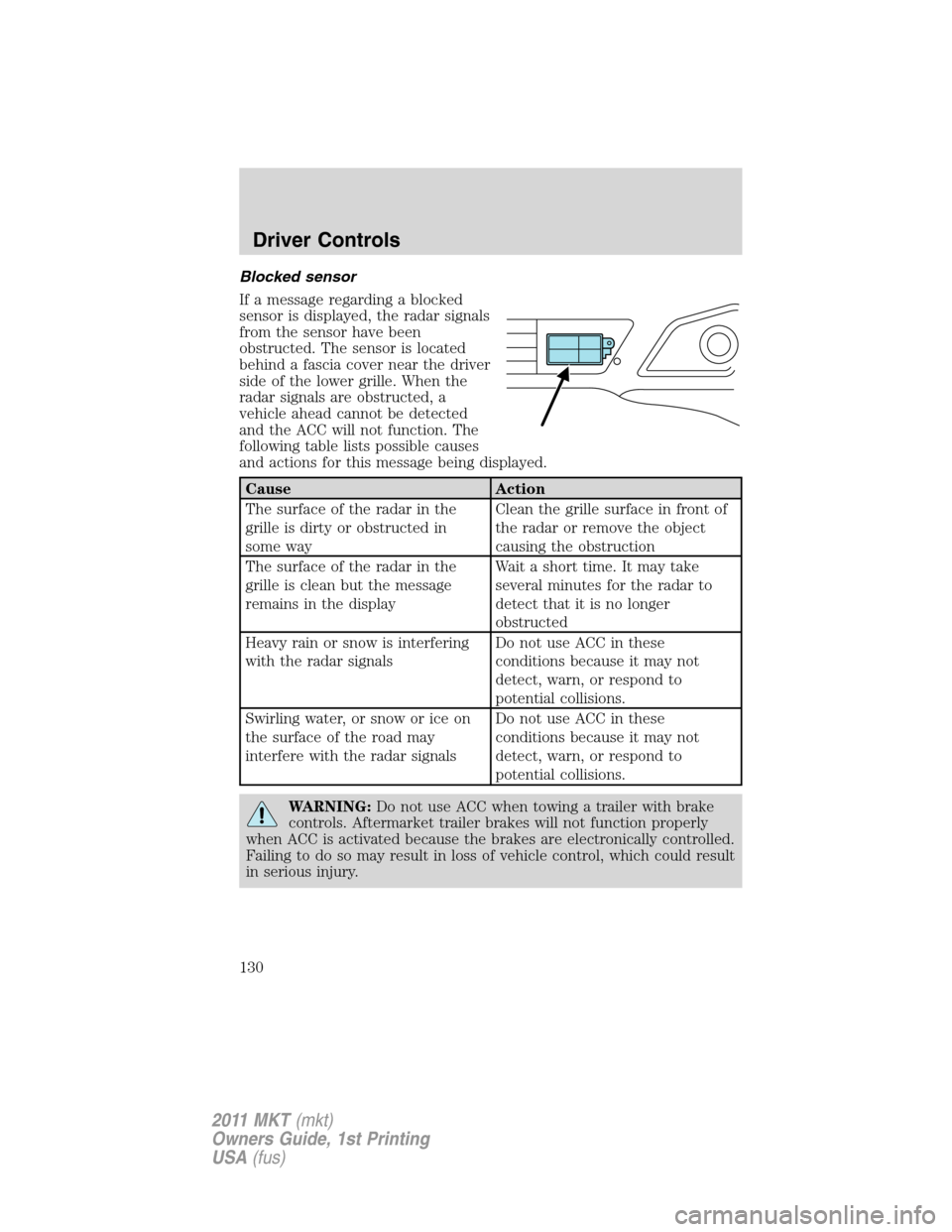 LINCOLN MKT 2011 Owners Manual Blocked sensor
If a message regarding a blocked
sensor is displayed, the radar signals
from the sensor have been
obstructed. The sensor is located
behind a fascia cover near the driver
side of the low LINCOLN MKT 2011 Owners Manual Blocked sensor
If a message regarding a blocked
sensor is displayed, the radar signals
from the sensor have been
obstructed. The sensor is located
behind a fascia cover near the driver
side of the low