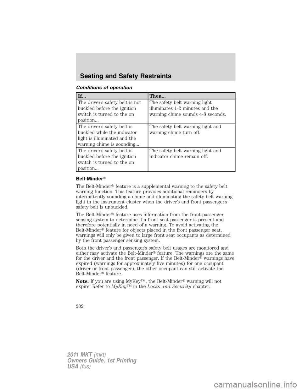 LINCOLN MKT 2011  Owners Manual Conditions of operation
If... Then...
The driver’s safety belt is not
buckled before the ignition
switch is turned to the on
position...The safety belt warning light
illuminates 1-2 minutes and the
