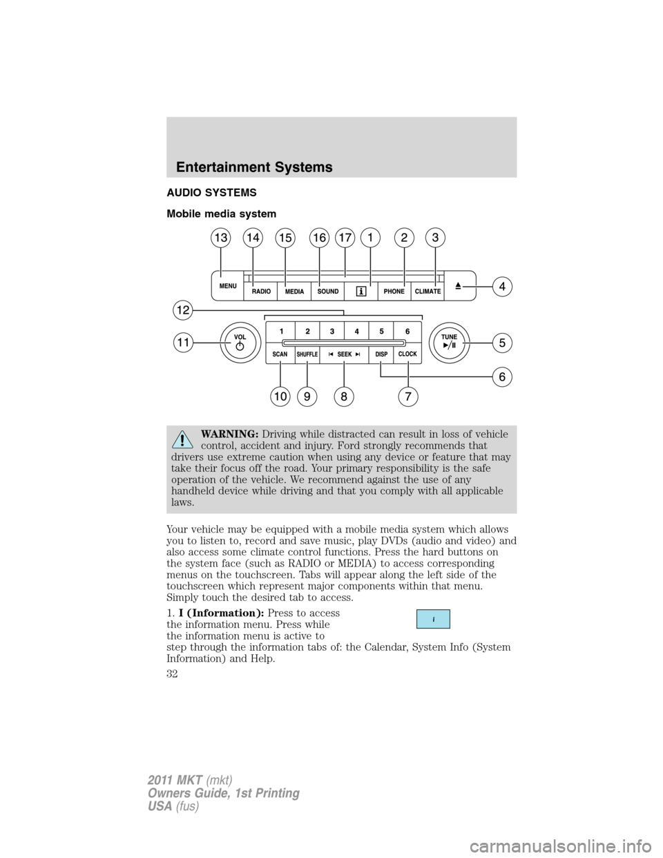 LINCOLN MKT 2011 Owners Guide AUDIO SYSTEMS
Mobile media system
WARNING:Driving while distracted can result in loss of vehicle
control, accident and injury. Ford strongly recommends that
drivers use extreme caution when using any 