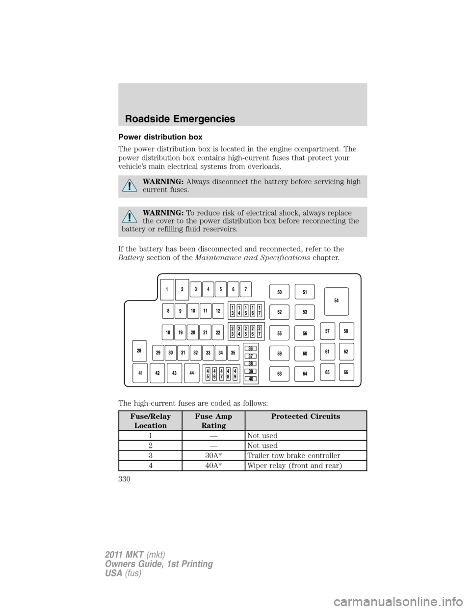 LINCOLN MKT 2011 Owners Manual Power distribution box
The power distribution box is located in the engine compartment. The
power distribution box contains high-current fuses that protect your
vehicle’s main electrical systems fro