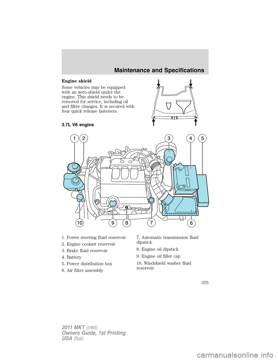 LINCOLN MKT 2011 Owners Manual Engine shield
Some vehicles may be equipped
with an aero-shield under the
engine. This shield needs to be
removed for service, including oil
and filter changes. It is secured with
four quick release f LINCOLN MKT 2011 Owners Manual Engine shield
Some vehicles may be equipped
with an aero-shield under the
engine. This shield needs to be
removed for service, including oil
and filter changes. It is secured with
four quick release f