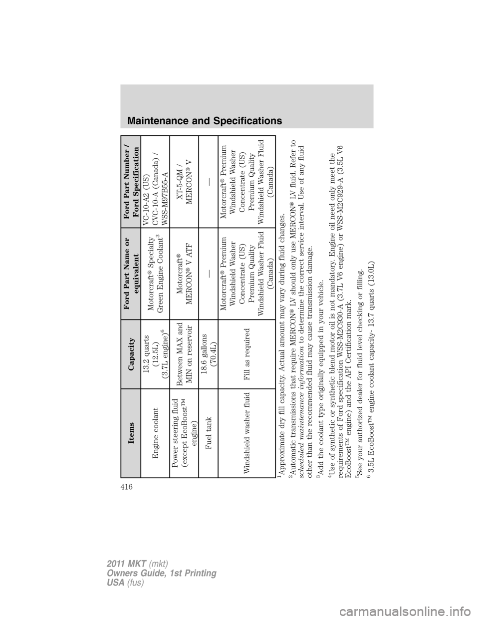 LINCOLN MKT 2011  Owners Manual Items CapacityFord Part Name or
equivalentFord Part Number /
Ford Specification
Engine coolant13.2 quarts
(12.5L)
(3.7L engine)
6
MotorcraftSpecialty
Green Engine Coolant
3
VC-10-A2 (US)
CVC-10-A (Ca