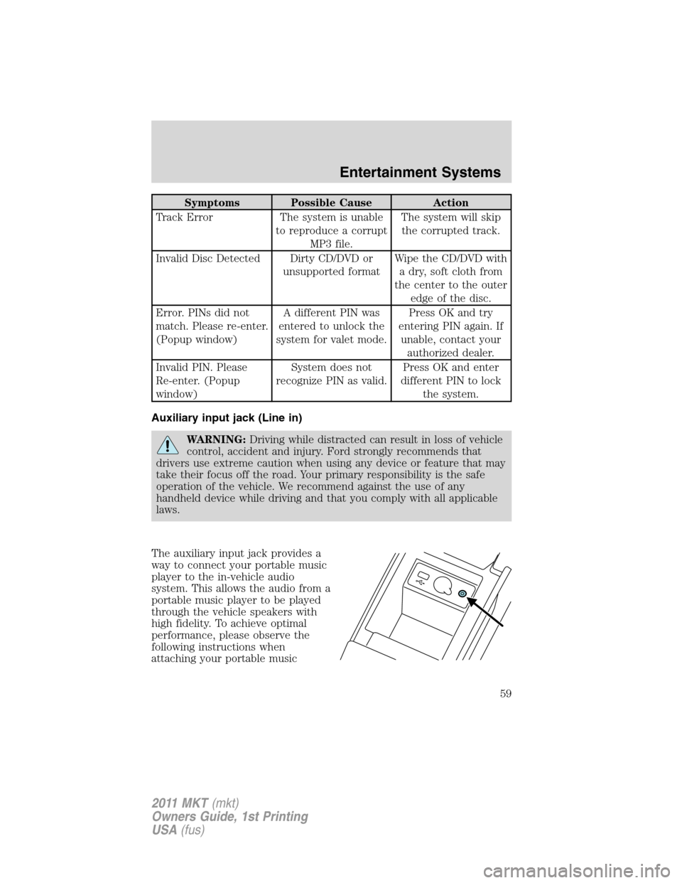 LINCOLN MKT 2011  Owners Manual Symptoms Possible Cause Action
Track Error The system is unable
to reproduce a corrupt
MP3 file.The system will skip
the corrupted track.
Invalid Disc Detected Dirty CD/DVD or
unsupported formatWipe t