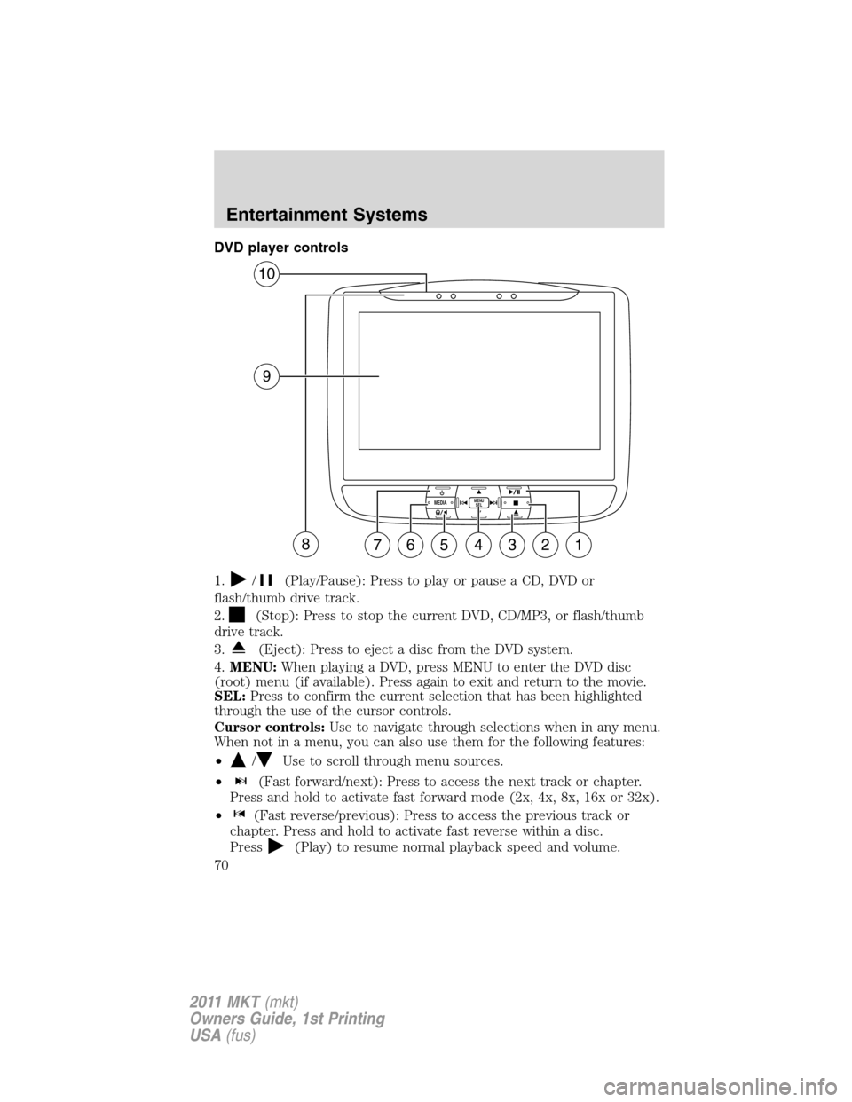 LINCOLN MKT 2011 Repair Manual DVD player controls
1.
/(Play/Pause): Press to play or pause a CD, DVD or
flash/thumb drive track.
2.
(Stop): Press to stop the current DVD, CD/MP3, or flash/thumb
drive track.
3.
(Eject): Press to ej LINCOLN MKT 2011 Repair Manual DVD player controls
1.
/(Play/Pause): Press to play or pause a CD, DVD or
flash/thumb drive track.
2.
(Stop): Press to stop the current DVD, CD/MP3, or flash/thumb
drive track.
3.
(Eject): Press to ej