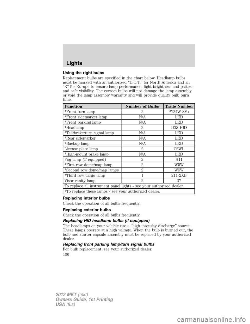 LINCOLN MKT 2012 User Guide Using the right bulbs
Replacement bulbs are specified in the chart below. Headlamp bulbs
must be marked with an authorized “D.O.T.” for North America and an
“E” for Europe to ensure lamp perfo