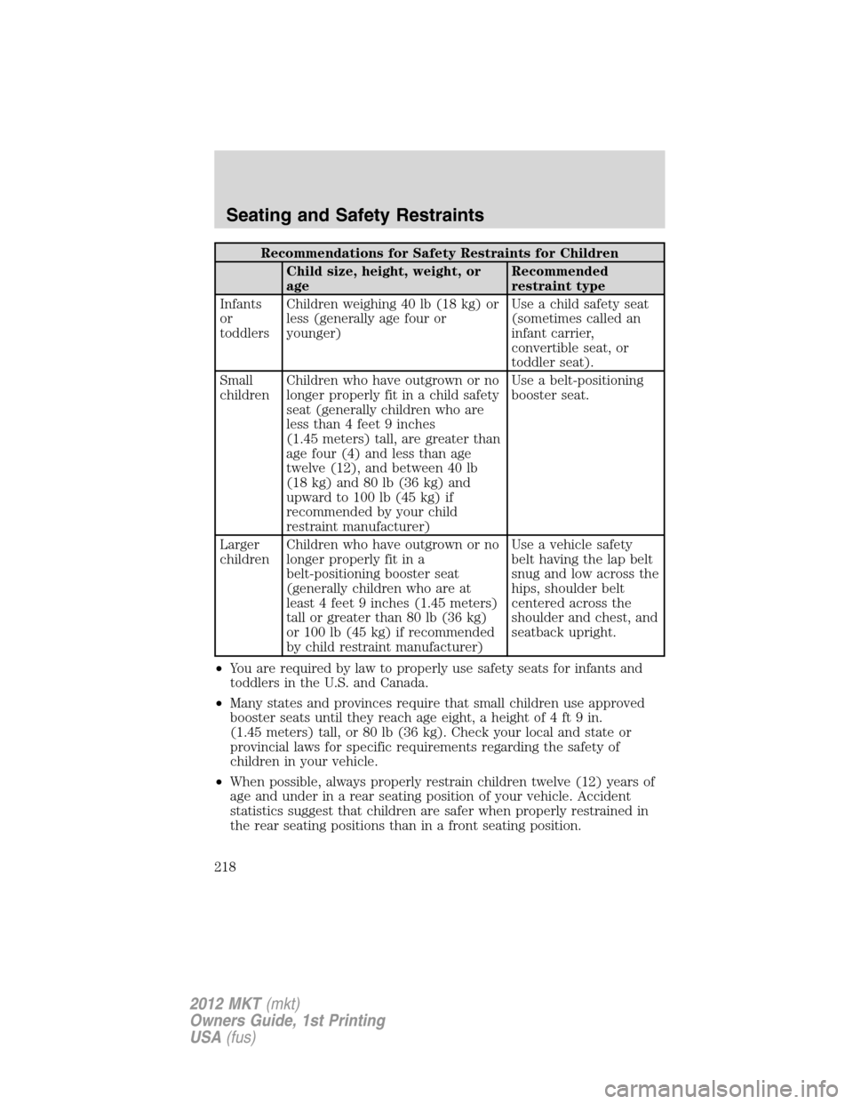 LINCOLN MKT 2012  Owners Manual Recommendations for Safety Restraints for Children
Child size, height, weight, or
ageRecommended
restraint type
Infants
or
toddlersChildren weighing 40 lb (18 kg) or
less (generally age four or
younge
