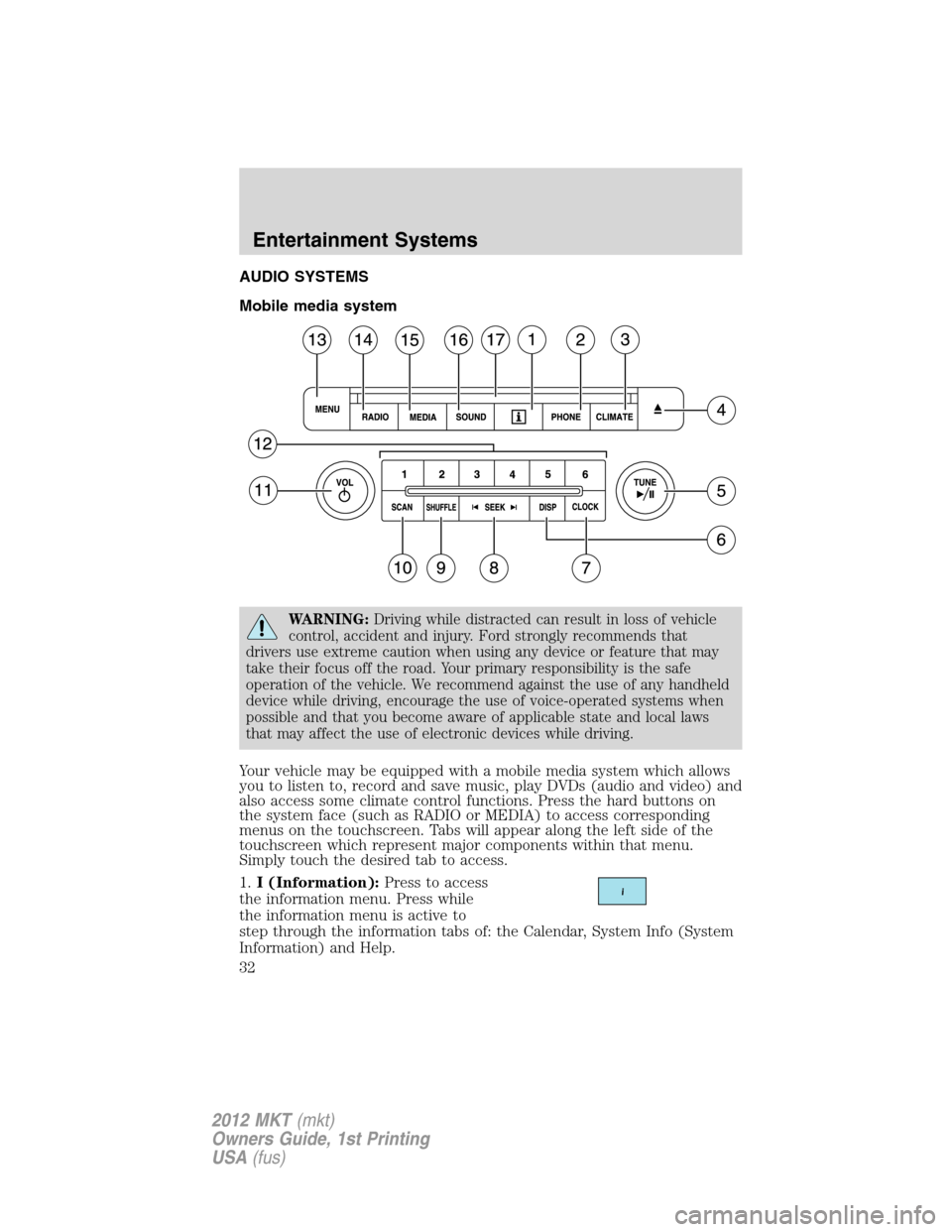 LINCOLN MKT 2012 Owners Guide AUDIO SYSTEMS
Mobile media system
WARNING:Driving while distracted can result in loss of vehicle
control, accident and injury. Ford strongly recommends that
drivers use extreme caution when using any 