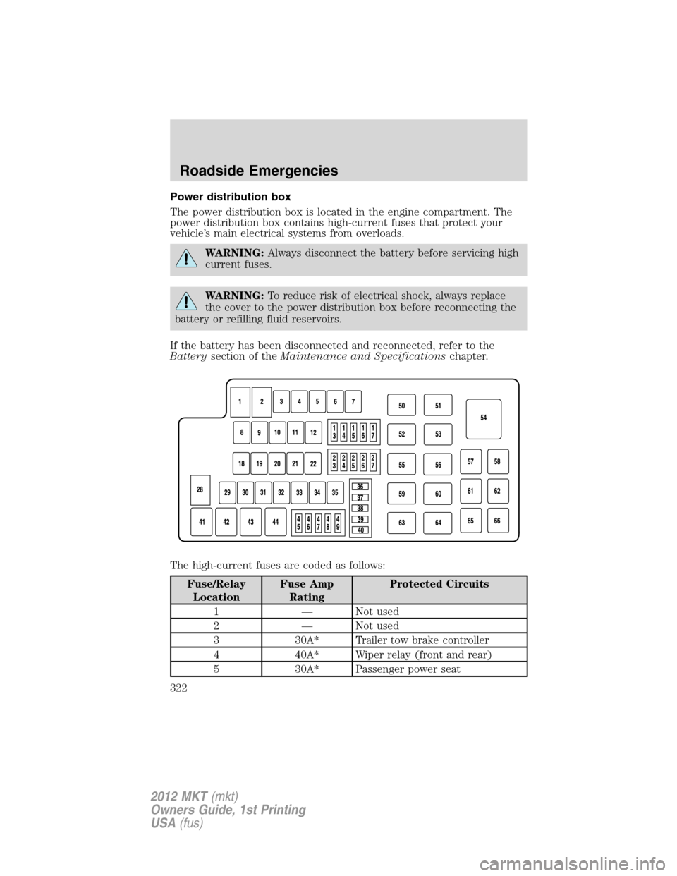 LINCOLN MKT 2012  Owners Manual Power distribution box
The power distribution box is located in the engine compartment. The
power distribution box contains high-current fuses that protect your
vehicle’s main electrical systems fro